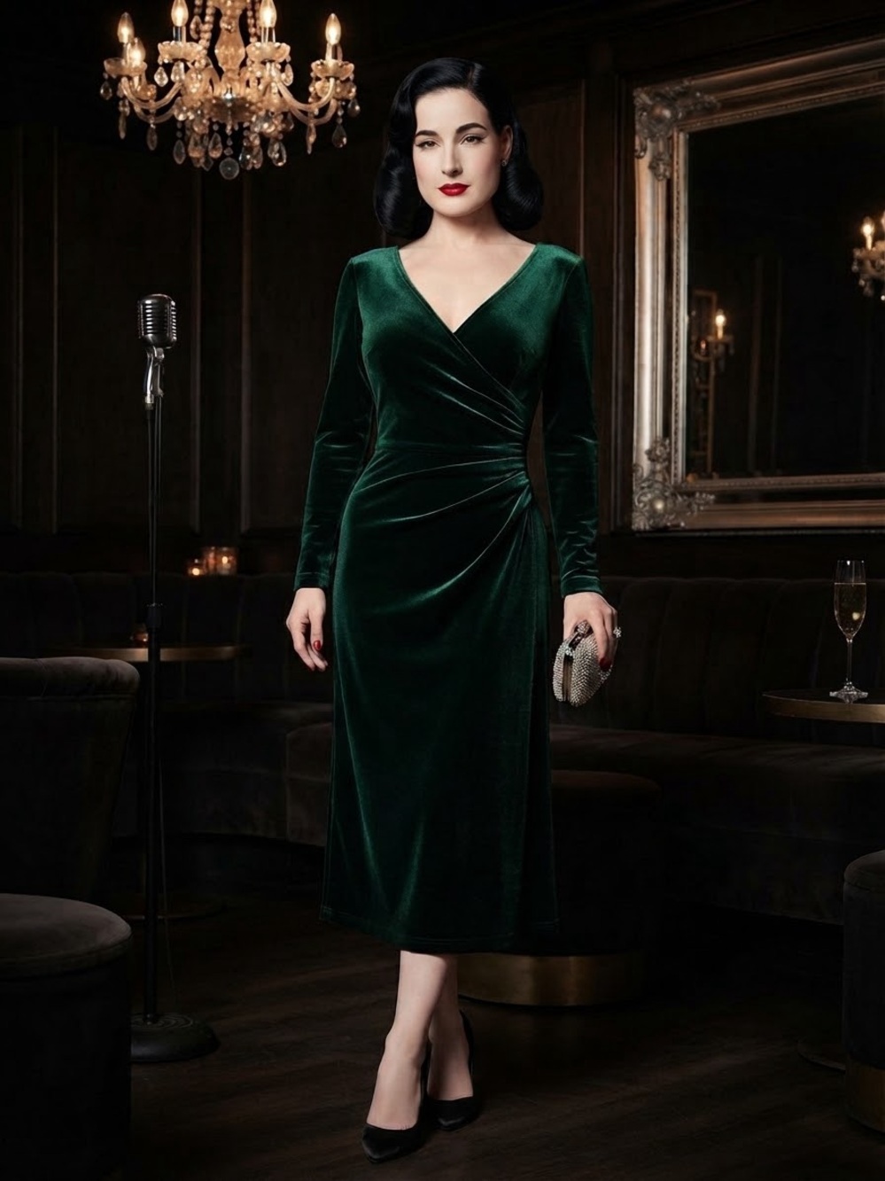 Emerald Green Velvet Wrap Luxury Holiday Cocktail Midi Party Dress Size Medium